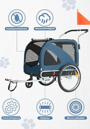 SEPNINE® Причіп для собак XL 2-в-1, велосипедний та візок для собак до 40 кг, складний з гальмами та зчіпним пристроєм, для середніх та великих собак – блакитний
