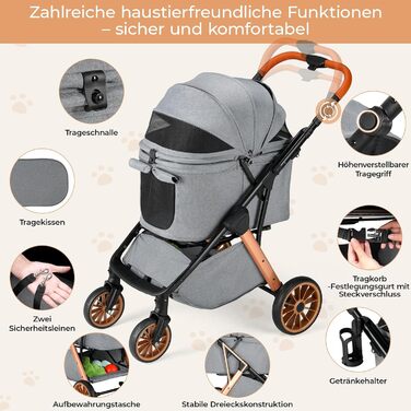 Візок для собак та котів MAMIZO One-Touch, до 25 кг, сірий. Алюмінієвий каркас, регульована ручка, тримач для напоїв, поворотні колеса