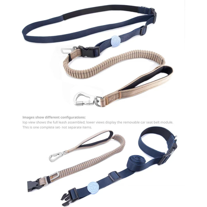 EVERKING 6-в-1 повідок для собак з живітним ременем – повідь для бігу та прогулянок, з двома ручками, антишокова пружина, кріплення для авто, альтернатива шлейці (Блакитний, Сірий, Блакитний, Хакі)