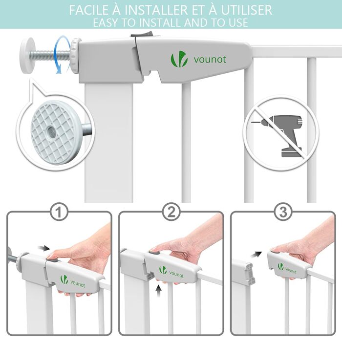 Захист для сходів Vounot: сітка без свердління, 75-108 см, для дітей, собак та котів, автоматичне закриття, магнітний замок, стопор 90°, білий (2x подовження)