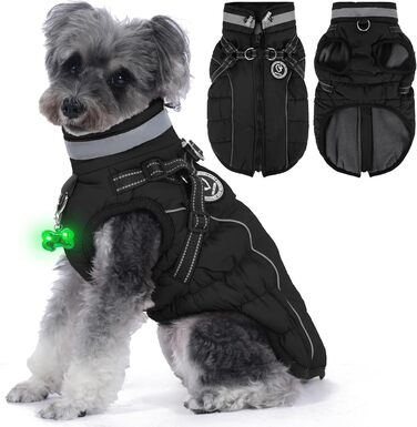 Зимовий одяг для собак: тепла куртка з LED-краваткою, світловідбиваючі смуги, водонепроникний, для маленьких та середніх собак (Чорний, XXL)