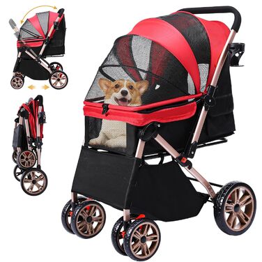 Візок для собак DWVO 3-в-1: візок, переноска, сумка. До 22 кг, EVA-колеса, сітчасті вікна, червоний (58.5x76x105 см)