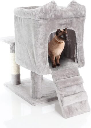 Дряпка для котів Fudajo 60 см з будиночком, платформами та ігровими елементами, покриття сизаль, сірий колір