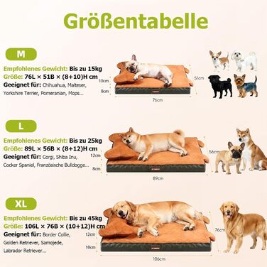 Ортопедичне ліжко для собак з пральним покриттям, водонепроникне подушка для собак з піною з пам'яті та знімний підголівник для підтримки голови та суглобів, неслизьке дно для середніх та великих собак, розмір: 89 x 56 x 20 см, помаранчеве