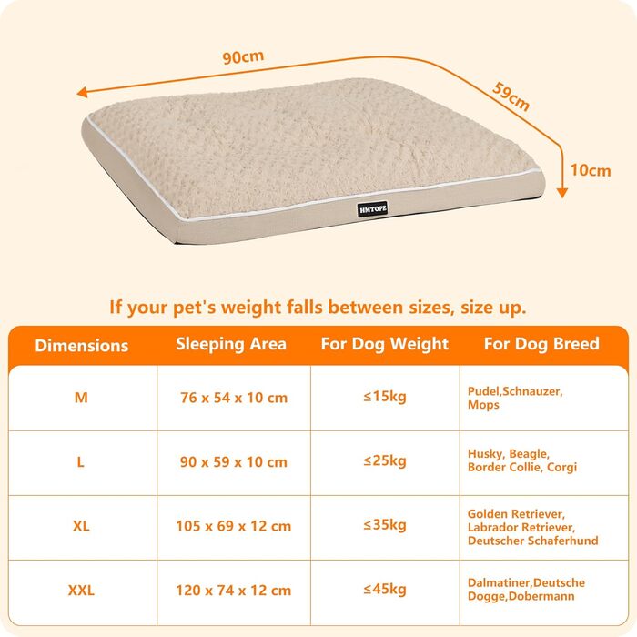 Ортопедичне ліжко для собак, матрац для собак з двошаровим дизайном, миється, знімний кошик для собак, 90 см для собак маленьких та середніх порід, бежевий колір, розмір 89 x 59 x 10 см