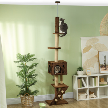 PawHut Cat Tree Стеля висока, Cat Tree, 225-265 см Кігтеточка для кішки з котячою печерою, дряпаючі стовбури, Play Ball, Меблі для кішок із захистом проти нахилу, коричневий | Аосом