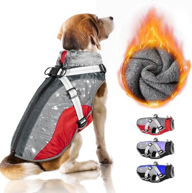 Зимовий одяг для собак Nasjac: теплий водонепроникний флісовий одяг з кріпленням для повідка, для маленьких, середніх та великих собак. Відбиваючий, регульований, з хутром, Hunter Weste XXL (Об'єм грудей 74-82 см), червоно-сірий