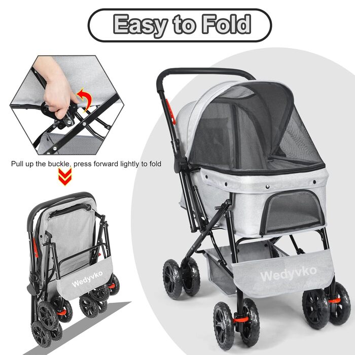 Візок для собак Wedyvko до 20 кг, 4 колеса, складний, для маленьких/середніх собак та котів, з кошиком та тримачем для напоїв, зелений (сірий)