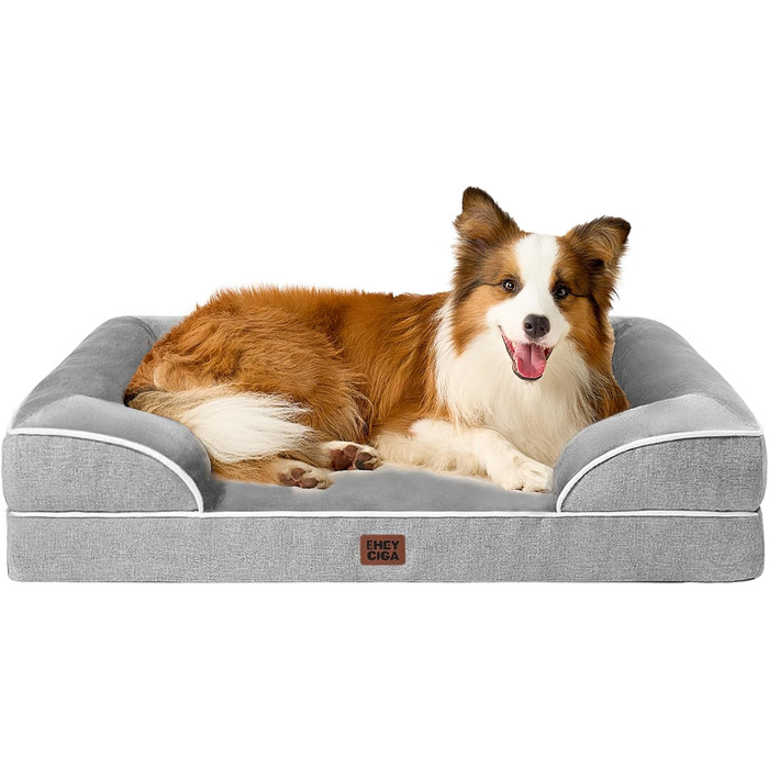 Ортопедичне ліжко для собак EHEYCIGA, великі та середні породи, 104x69 см, Memory Foam, водовідштовхувальне, з високим бортиком, сіре