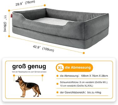 Ортопедичне ліжко для собак Zedelmaier (середні та великі породи), 90x68x25 см, з кошиком, стійким до подряпин, товстим матрацом, зручним диваном з ергономічною конструкцією та знімним чохлом (L 109 x B 76 cm, Темно-сірий)