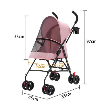 Візок для собак Homewell 2в1, прогулянковий візок-переноска з підсклянниками, з гальмом та водонепроникним тентом, рожевий