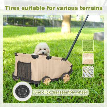 Міні-візок для тварин, складаний універсальний візок для покупок з висувною ручкою, для прогулянок на вулиці, з подушкою та страхувальним тросом, з кишенькою (Хакі)
