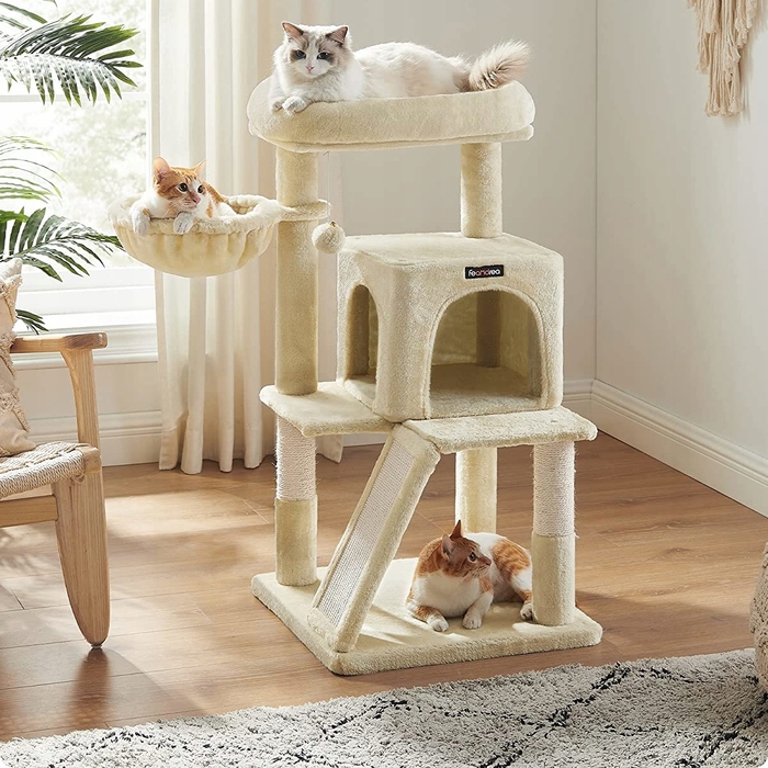 Низька скребничка для котів Feandrea, бежева, 96 см, сизаль, 2 рівні