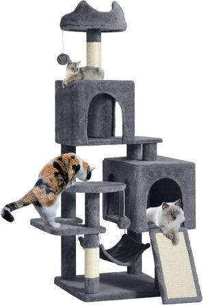 Кігтеточка YITAHOME XXL для котів, 137 см, сіра: 8 стовпів з сизалю, 3 платформи, 2 печери, гамак, іграшки
