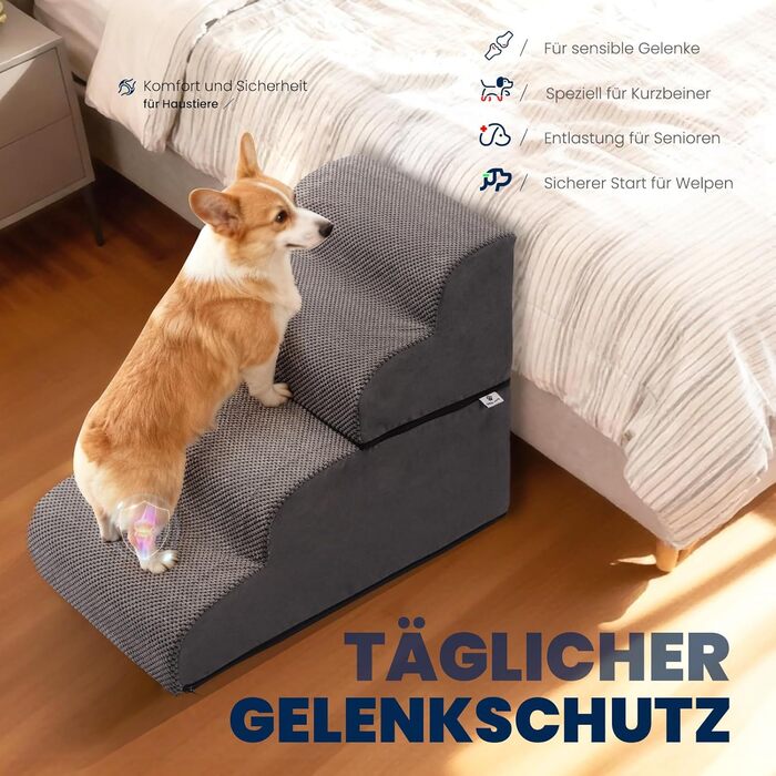 Сходинки для собак Mora Pets: зручні та безпечні сходи для ліжка та дивану, 4 сходинки, антиковзаюча поверхня, знімний чохол, 50 см висота