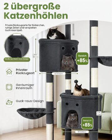 Комплексний котячий будинок Kratzbaum XL 170 см з сірим покриттям: ігровий комплекс для великих котів з дряпаками, будиночком, гамаком та м'ячиками