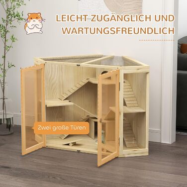 Клітка для хом'яків PawHut з дерева, 4 рівні, будиночок, гойдалка, годівниця, рампи, клітка для дрібних тварин, підходить для хом'яків та мишей, 115 x 69,5 x 79 см