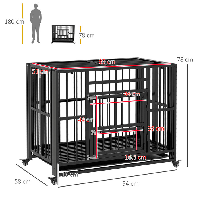 Клітка для собаки PawHut для дому, з колесами, 94 x 58 x 78 см, Dog Guard Box, Транспортна клітка з 2 дверима, сталь, Чорний
