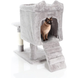 Дряпка для котів Fudajo 60 см з будиночком, платформами та ігровими елементами, покриття сизаль, сірий колір
