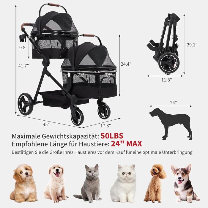Складаний візок для собак та візок-буги для тварин до 15 кг, розкладний, з поводками безпеки, сітковими віконцями та місцем для зберігання, ідеальний для подорожей та прогулянок (Чорний, Подвійний)