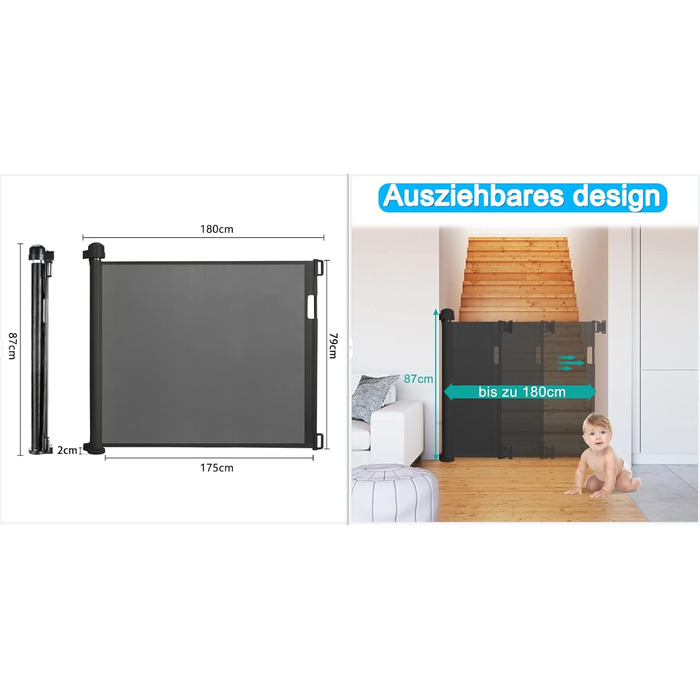 Захист для воріт/сходи NAIZY Rollo - сітка для собак та дітей, 180 см, чорний