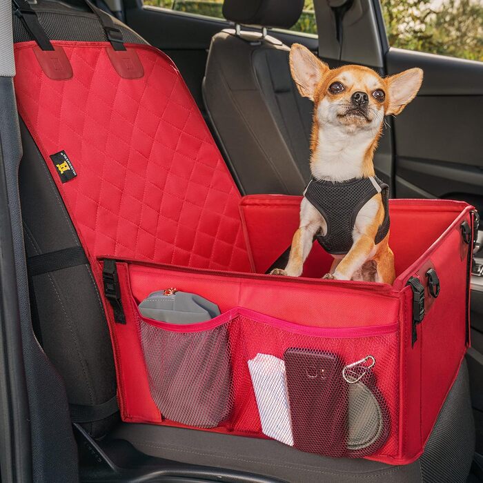 Автокрісло для собак HELDENWERK Extra Stabiler - надійне, водонепроникне, з 5 ременями, для заднього та переднього сидіння (Червоний, Стандартний розмір)