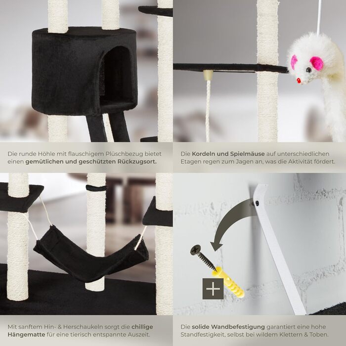 Драбина-кіготь Tectake Snooky | Ігровий центр для котів з багатоярусною драбиною та оглядовими платформами (сірий, чорний)