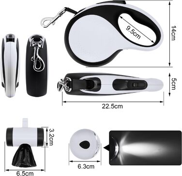 Леєнка для собак MoYouno 8 м з відтягувачем та тримачем для пакетів, чорна