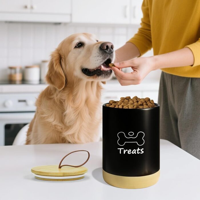 Керамiчна банка для ласощiв для собак, 7.7'x5', з кришкою, бiла. Керамiчна банка для печива для собак, бiла, з кришкою