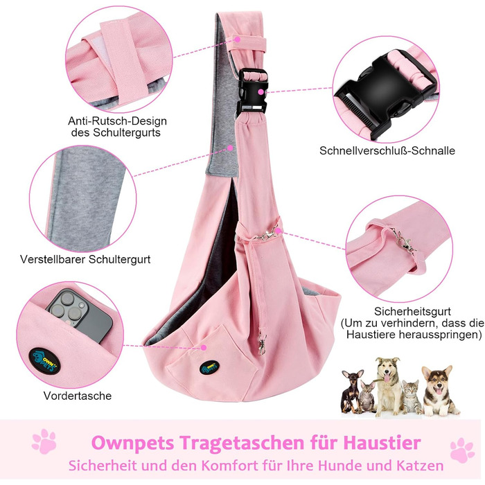 Сумка-переноска для собак Ownpets до 11 кг, рожевий, регульований ремінь, 30×33 см