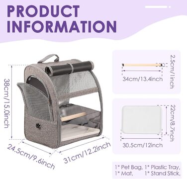 Рюкзак для птахів: переносна сумка-транспортер з жердинами та підставками, сірий. Підходить для папуг та інших середніх та дрібних птахів. Зроблений з дихаючої та міцної тканини Оксфорд.