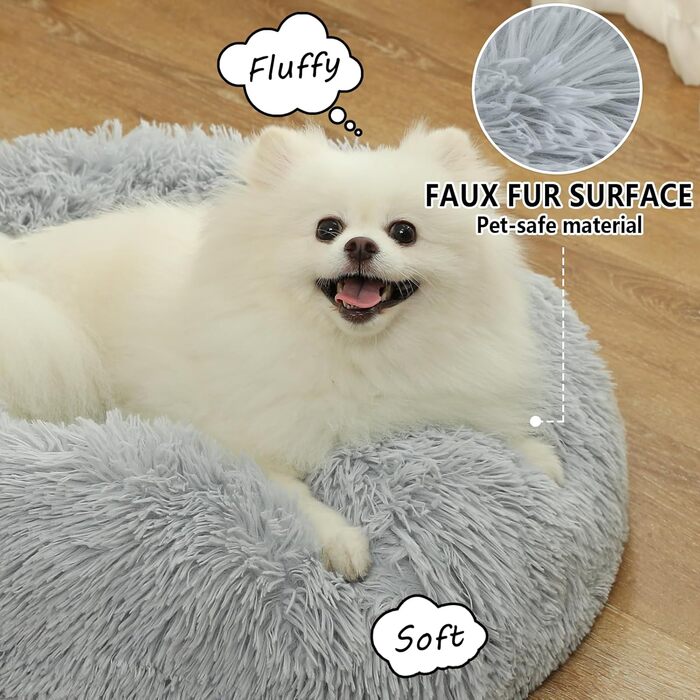 Заспокійливе ліжко-пончик для собак та котів середнього розміру, з ковдрою, сірого кольору. Легко миється, м'яке, пухнасте, діаметр 61 см, ковдра 71x23 см. Розміри: 60x60x17 см