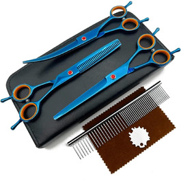 Ножиці для грумінгу собак і котів, нержавіюча сталь, для догляду за шерстю, з вигнутими та прямими лезами, з лезом для розрідження, колір: блакитний павич