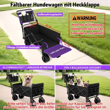 Візок для собак до 50 кг, розкладний, чорний - без даху. Візок-будка з безкамерними шинами для бездоріжжя, регульованою ручкою та заднім отвором для зручного завантаження. Підходить для великих та літніх собак, після операцій.