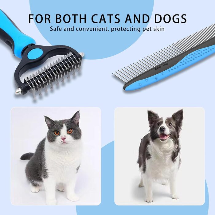 Професійна щітка для собак та котів 2 шт., з нержавіючої сталі, TPR-ручка, 2-в-1 розпушувач та вичіска для собак та котів – видаляє відмерле волосся, ковтуни, вузли (Блакитна)