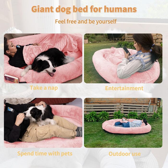 Ліжко для собак та людей NESTROAD, 180x114x35 см, рожеве. Зручне ліжко-мішок з штучним хутром, ковдрою та подушкою.