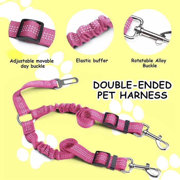 Авторемень для собак у машину, еластичний подвійний авторемень для собак, регульований авторемень для собак (рожевий)