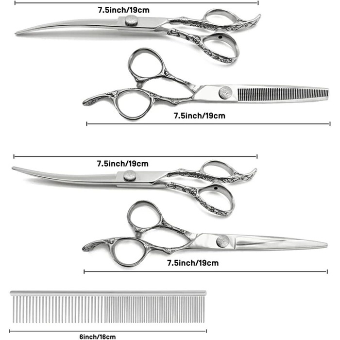 Професійна ножиця для грумінгу собак 7,5 дюймів: набір ножиць для догляду за собаками (вигнуті, прямі, розріджувальні)