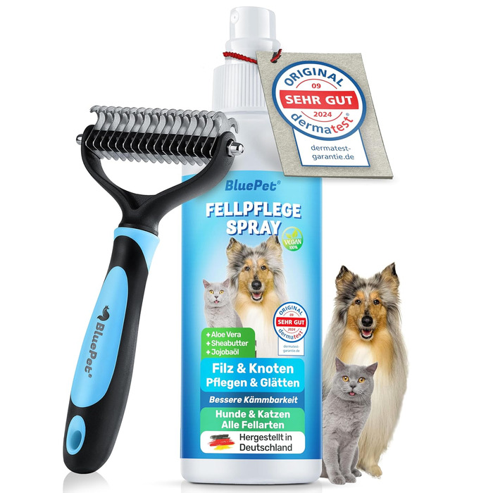 BluePet Щітка та спрей від ковтунів для собак та котів. Розплутує шерсть, покращує розчісування. Спрей від ковтунів, спрей для догляду за шерстю з алое вера, ши-олією та олією жожоби. Щітка для підшерстя.