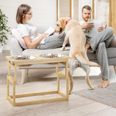 Підвищені годівниці для собак великих порід, бамбук, підставка з 2 великими мисками для води та корму, білий колір, об'єм 2.5л