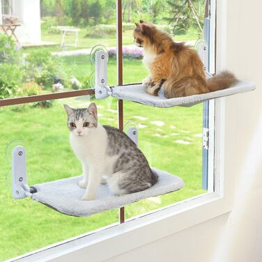 Котяча лежанка на вікно Zoratoo, складана, бездротова, з металевим каркасом, двостороннім чохлом і потужними присосками, для домашніх котів, сірий колір, 2 шт.