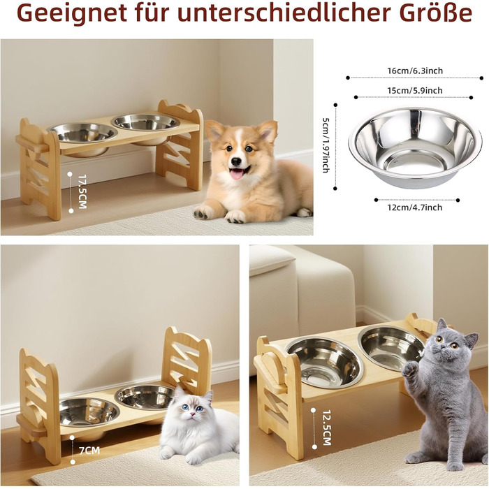 Підвищена годівниця для собак DOKKOME: регульована висота, бамбуковий підставник, нержавіюча сталь, для маленьких собак та котів, захист суглобів