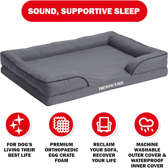 Ортопедичне ліжко для собак з ефектом пам'яті, водонепроникне, велике, сіро-срібне, знімні чохли (XL, сірий з чорним контуром)