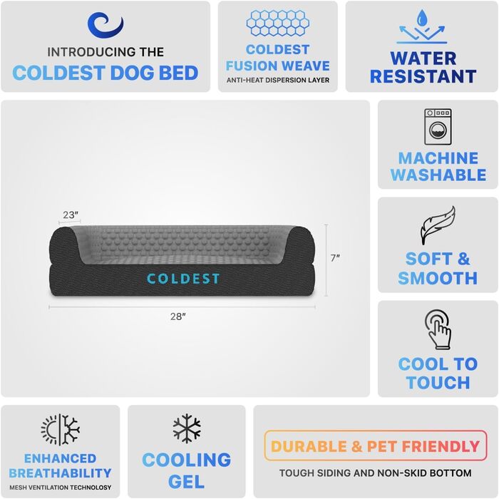 Охолоджувальне ліжко для собак Coldest Cozy, середнє, сіре – знімний та праний чохол, нековзке, для малих і середніх порід