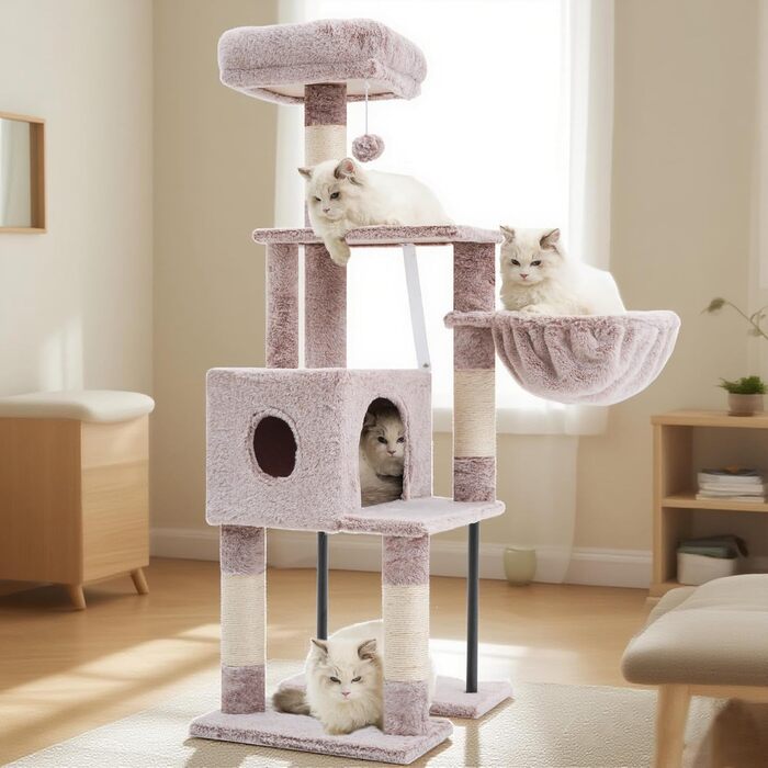 Котячий будиночок Heybly Kratzbaum HCT200SW: зручний когтетоп з будиночком, стійка конструкція 125 см (коричнево-бежевий)