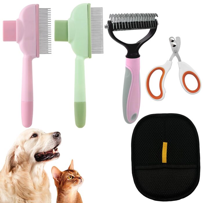 Набір з 3 шт. щіток для собак та котів: рукавичка для видалення шерсті, гребінець для підшерстя. Підходить для довгошерстих та короткошерстих тварин. Рожевий колір