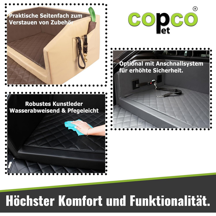 Автомобільне ліжко для собак CopcoPet - 70x55x38 см, штучна шкіра, захист багажника, водовідштовхувальне, стійке до подряпин, з захисним покриттям, колір мокка