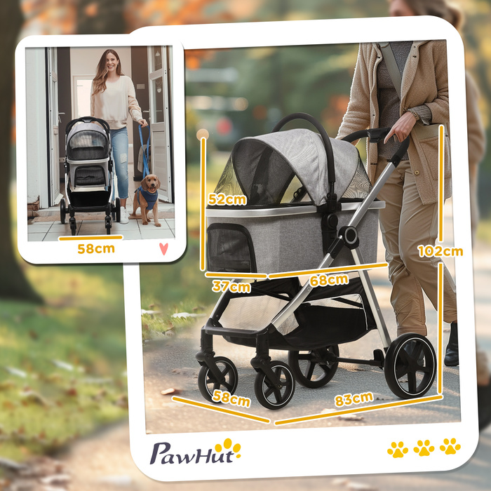 PawHut Dog Buggy 2-в-1 складаний з гальмами та сітчастим вікном, захисні повідці, для собак до 15 кг, світло-сірий