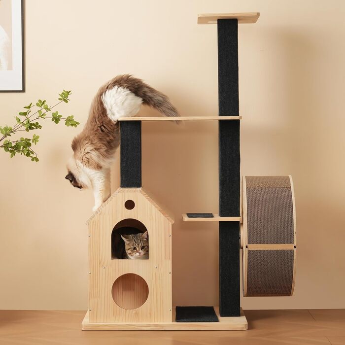 Кігтеточка для котів CareCooo 135 см з 12 стержнів, стабільна, з будиночком, сизаль, захист від перекидання, водонепроникна, для великих котів, коричнево-біла (Натуральний + Чорний + Дерево, XL)