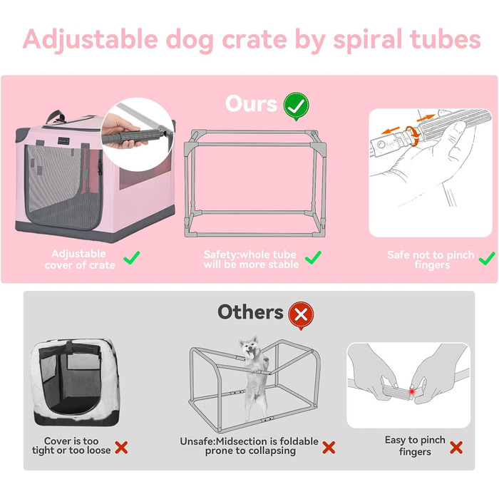 Складаний контейнер Petsfit для собак XL, тканинна переноска з посиленим каркасом, 3 двері, легка для транспортування, рожева
